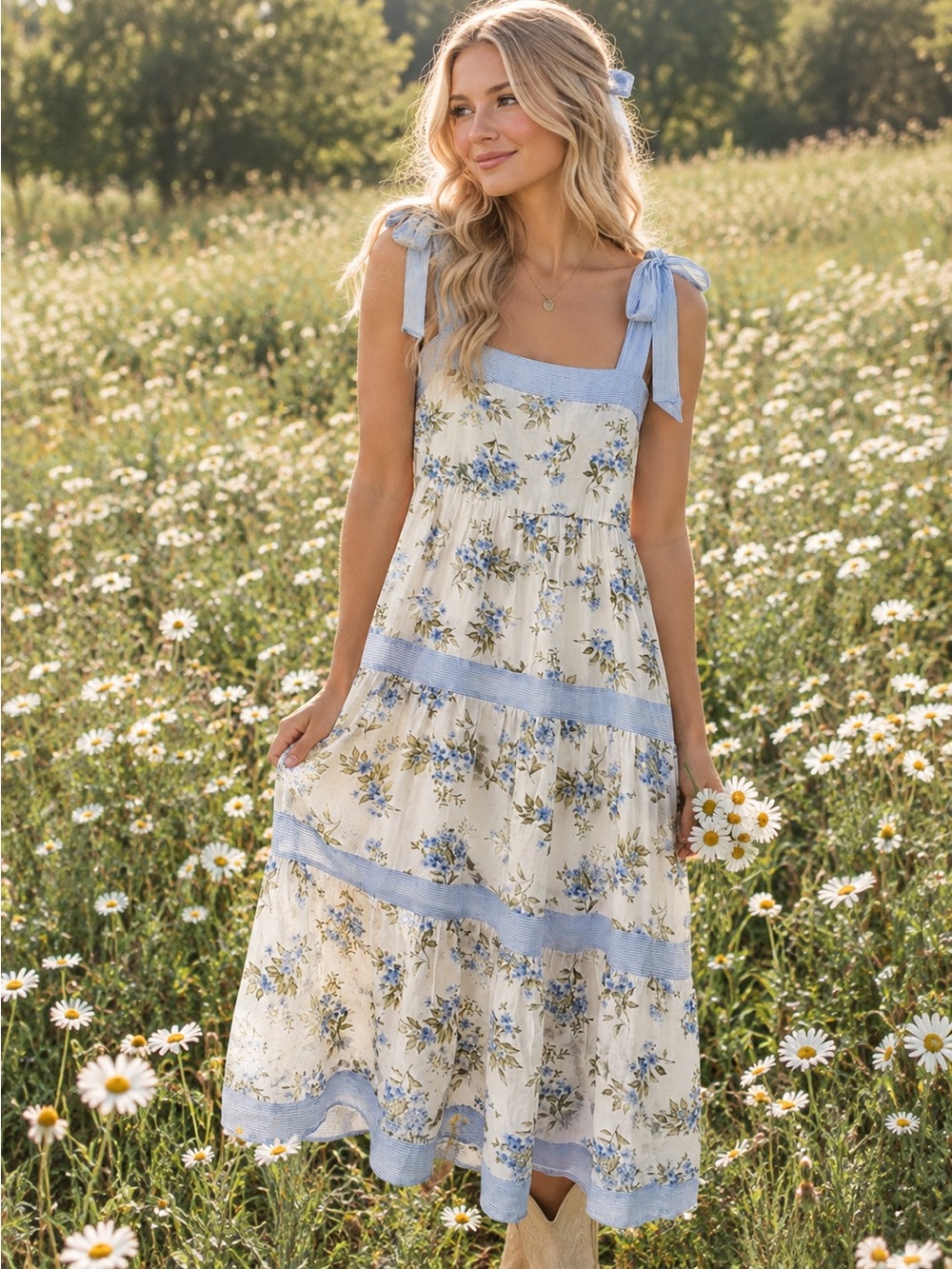 Sweet Wanderer White Floral Dress with Light Blue Accents